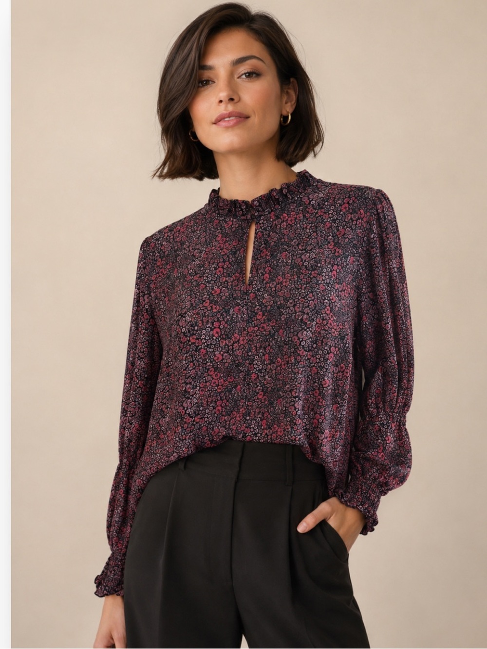 Lark & Ro Pink Floral Ruffle-Neck Blouse on Black